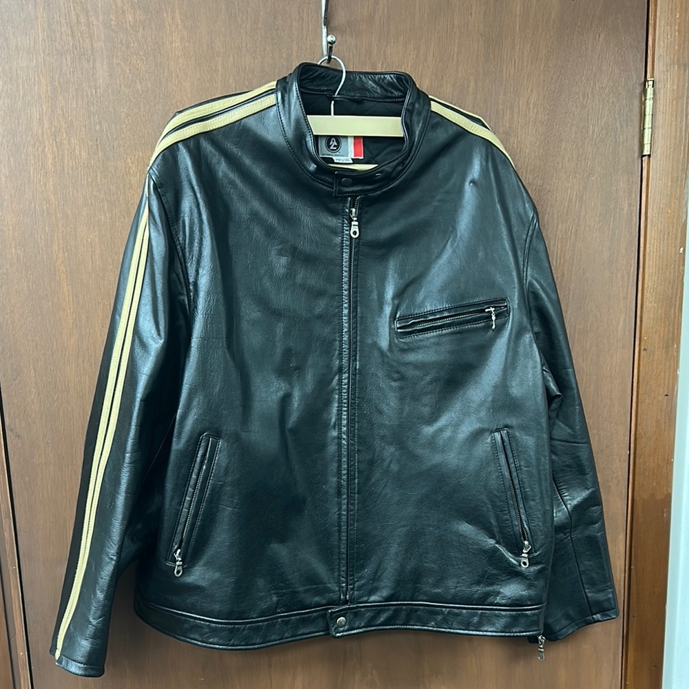Men's Arizona Jean Con Black Leather Jacket with Tan Stripes